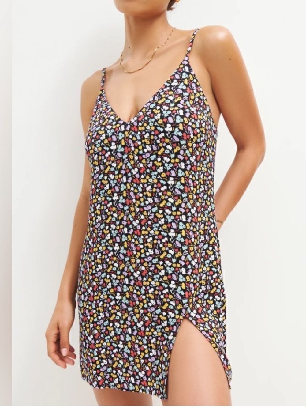 Reformation Noha Floral Mini Slip Dress Wren Multicolor Ditsy Floral Slit Sz L